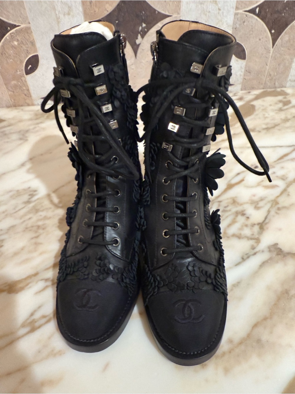 CHANEL Black Leather Lace-Up Floral Combat Boots